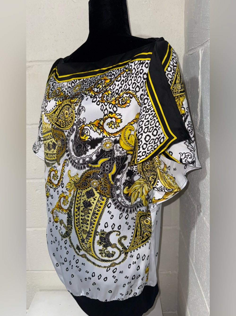 Caché Y2K Paisley Cheetah Print Off Shoulder Blouson Top - Size Large - Picture 2 of 6